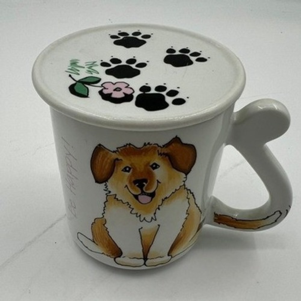 Mount Clemens Pottery Dog Mug Lid White Gold Be Happy Tail Handle Japan Good